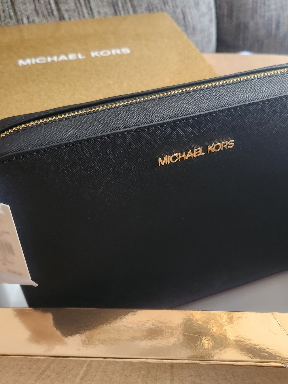 Michael Kors Jet Set Travel Large Black Saffiano Crossbody Bag with Gold Logo